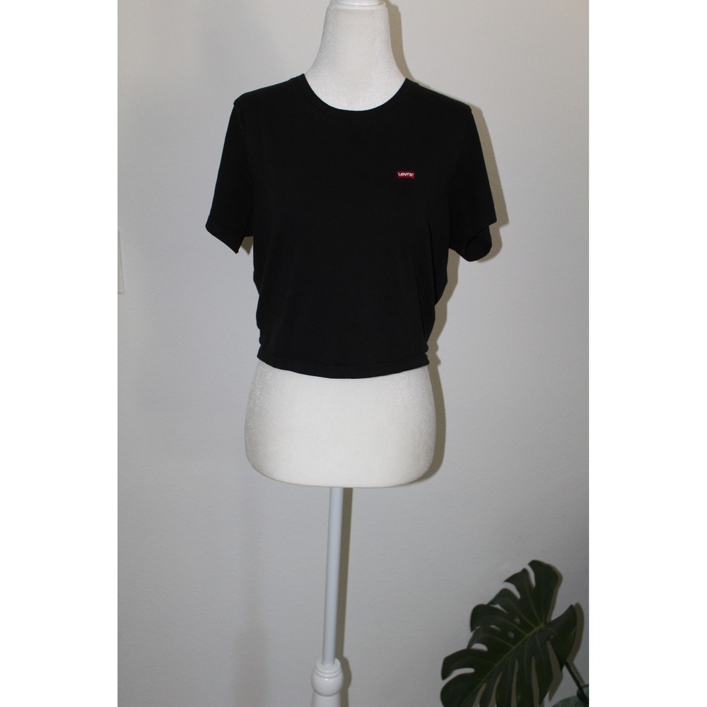 Levis Womens Black Short Sleeve Cropped T-Shirt Red Batwing Logo Large